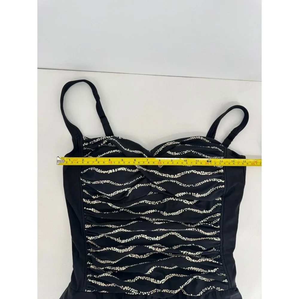 Black Gold Sz 14 Ruched Swim Dress One Piece Adjustable Straps Skirted Swimsuit
